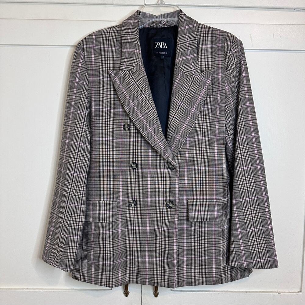 Zara Double Breasted Tan Pink Plaid Blazer Small